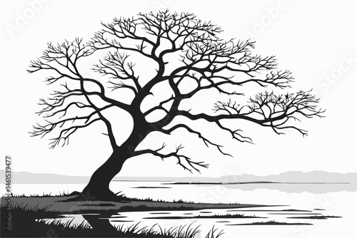 17 Black and white photography, lone gnarled tree, smooth water surface, minimalist landscape, bare branches, reflections, ethereal atmosphere, misty horizon, long exposure, stark contrast, serene sti