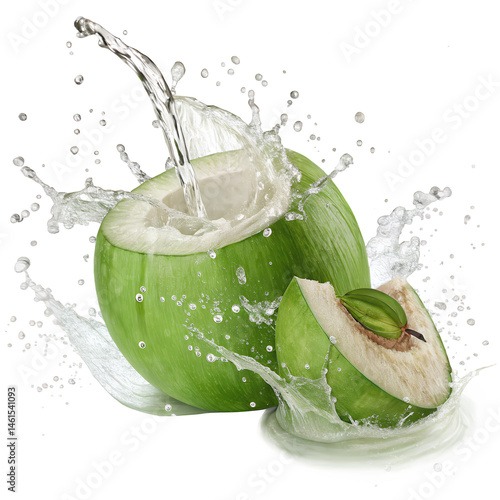 Tropical Refreshment: A refreshing splash of coconut water cascades from a freshly opened coconut, creating a dynamic scene of natural refreshment and invigorating flavor.