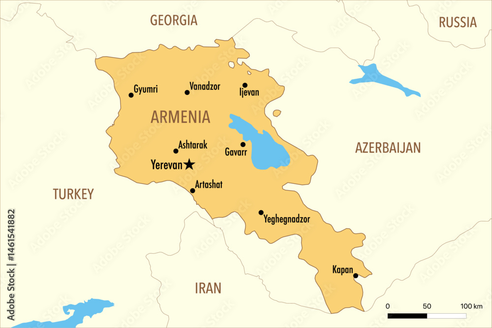 Vector Map of Armenia with Major Cities and Neighboring Countries – Editable Illustration Vector Map of Armenia with Major Cities and Neighboring Countries – Editable Illustration