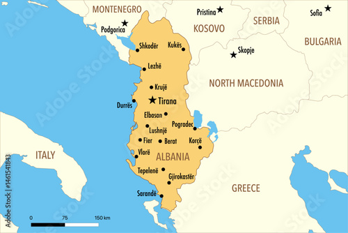 Vector Map of Albania with Major Cities and Neighboring Countries – Editable Illustration