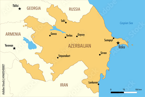 Vector Map of Azerbaijan with Major Cities and Neighboring Countries – Editable Illustration
