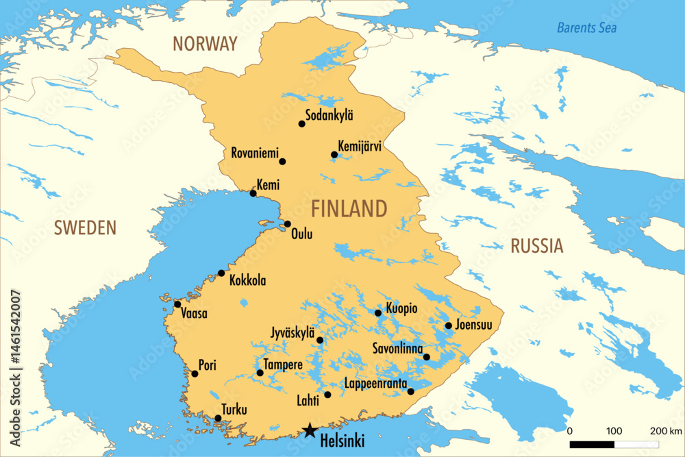 Fototapeta premium Vector Map of Finland with Major Cities and Neighboring Countries – Editable Illustration