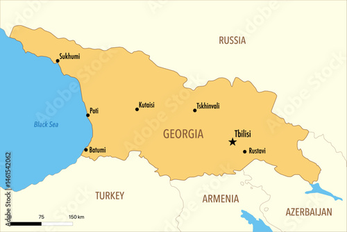 Map of Vector Map of Georgia with Major Cities and Neighboring Countries – Editable Illustration