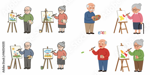 Artistic Senior Life: An artistic senior couple painting on canvas, a heartening display of elderly artistic expression and shared joy in their leisure time.