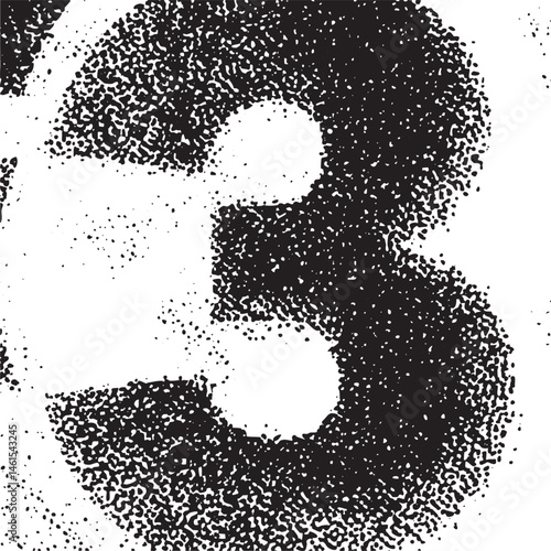 A large bold numeral three is formed from densely packed black dots on a white background.