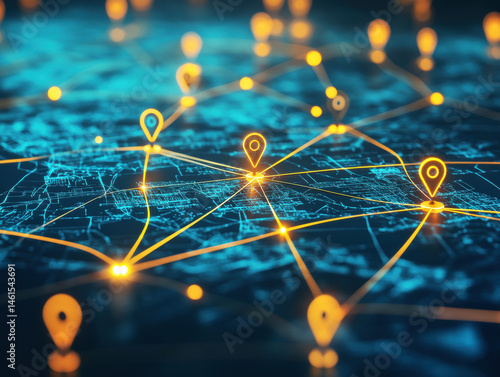 Digital network connectivity visualization with location markers and pathways in a modern urban environment