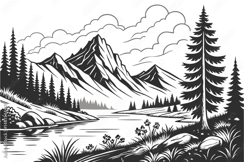 Fototapeta premium 19 Mountain landscape, serene lake, pine trees, detailed pencil sketch, black and white illustration, clouds, nature scene, tranquil water, reflections, forest, wilderness, scenic view, artistic drawi