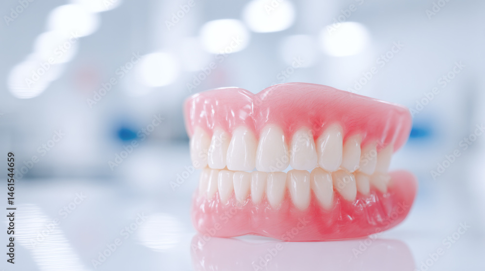 Obraz premium Realistic full set of dentures on glossy surface in dental clinic