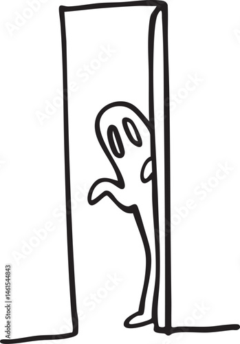 A cartoon figure peeks cautiously from behind a rectangular doorway.