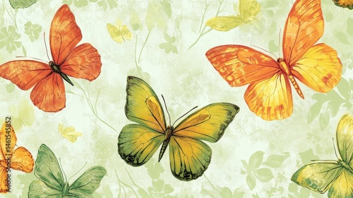 A fresh and bright butterfly wallpaper with butterflies in bold shades of orange, yellow, and green