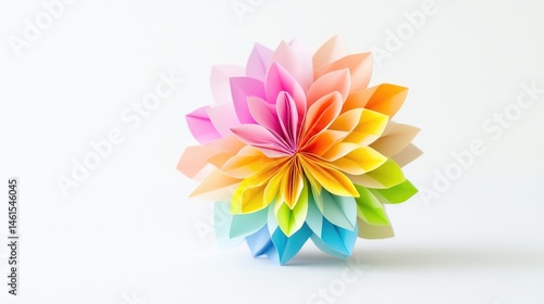 Colorful origami paper flower in rainbow gradient colors isolated on a clean white background.