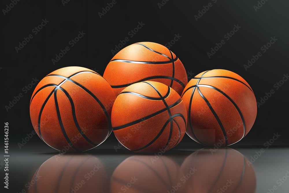 Obraz premium Arrangement of basketballs in varying sizes reflecting on a dark glossy surface