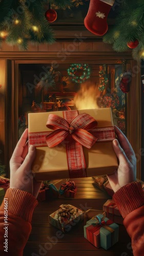 Excitement builds as hands hold a beautifully wrapped gift in a cozy holiday scene