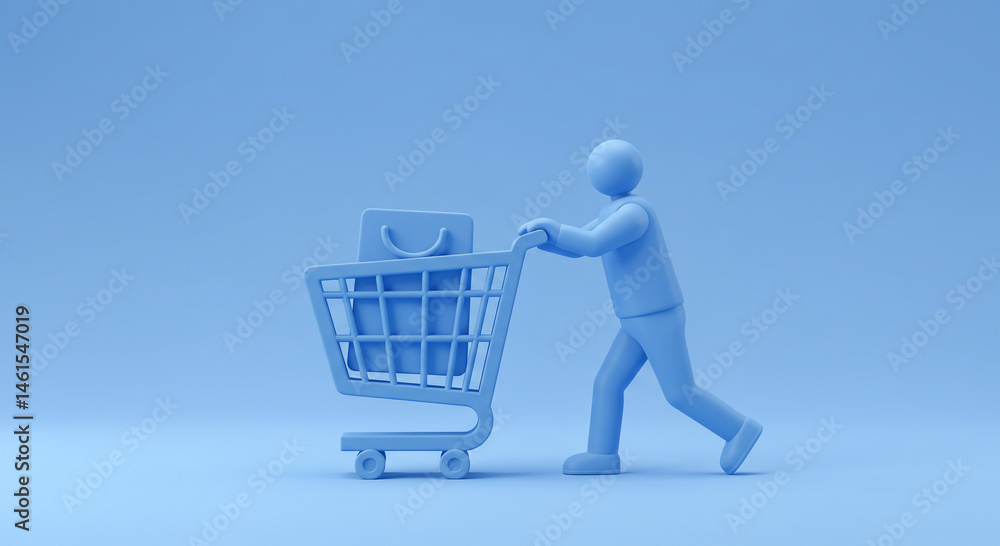 Pushing Shopping Cart with Bag Minimalist Blue Illustration Pushing Shopping Cart with Bag Minimalist Blue Illustration
