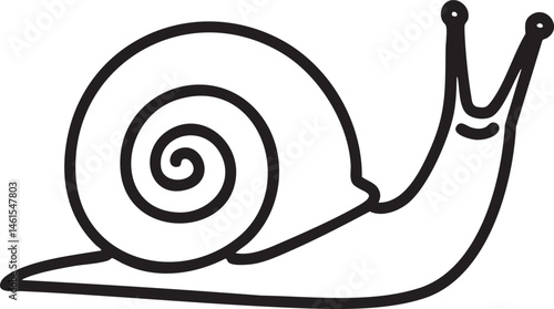 A stylized black and white snail slowly moves across a plain surface.