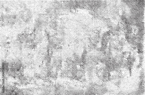 A solitary figure stands within a dense textured field of repeating dots.