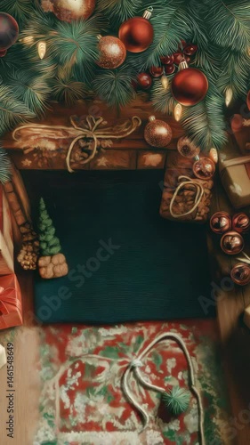 Holiday gift wrapping near a cozy fireplace with seasonal decorations and warm ambiance