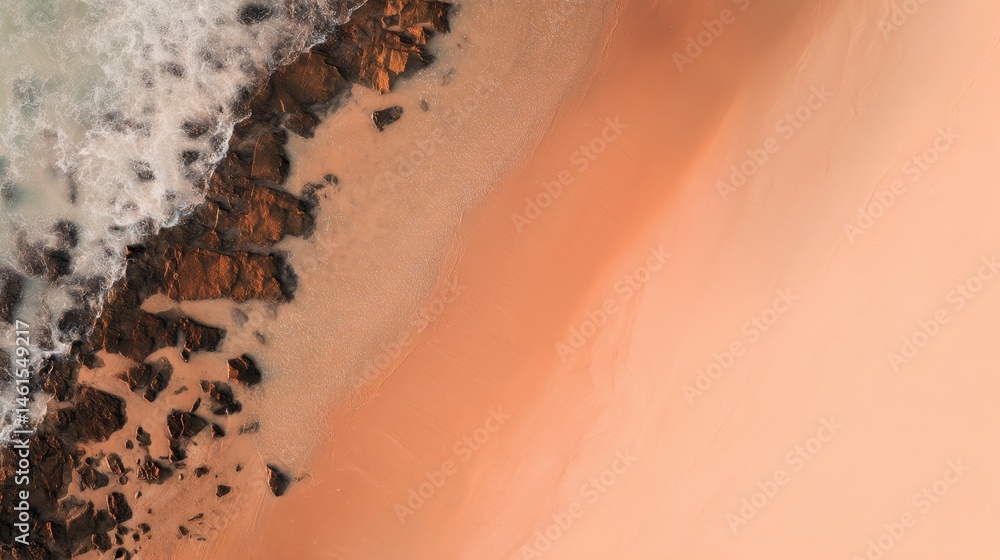Aerial top-down view of abstract shoreline with cliffs, rocks, sand, and sea forming smooth gradient patterns in minimalist style, ideal for modern background with centered composition