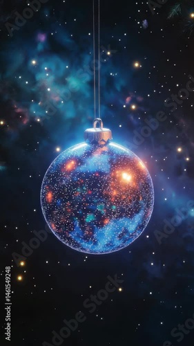 Colorful ornament hanging in a cosmic scene with twinkling stars and vibrant galaxies