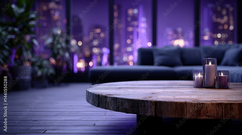 Minimalist indoor scene featuring a round wooden table in the foreground with a purple and black color theme, clean living room background, night atmosphere, high quality UHD composition