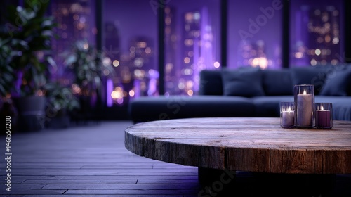 Obraz na płótnie Minimalist indoor scene featuring a round wooden table in the foreground with a purple and black color theme, clean living room background, night atmosphere, high quality UHD composition w salonie