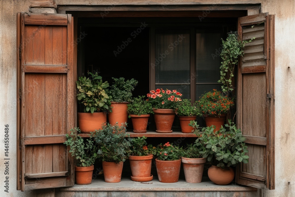 Fototapeta premium Cozy Balcony Garden with Decorative Flower Pots