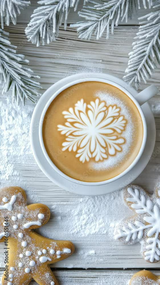 Cozy winter cafe scene featuring latte art and festive cookies on a snowy table Cozy winter cafe scene featuring latte art and festive cookies on a snowy table