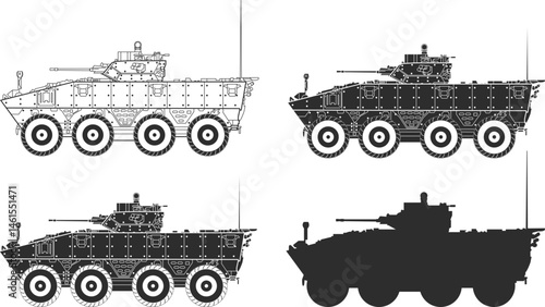  Set of icons of a French armored personnel carrier for transporting and supporting infantry in black, VBCI infantry fighting vehicle.