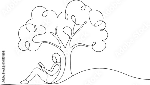 Continuous one line drawing of a person reading under a tree with dream-like branches, poetic and calm minimal composition on white background

