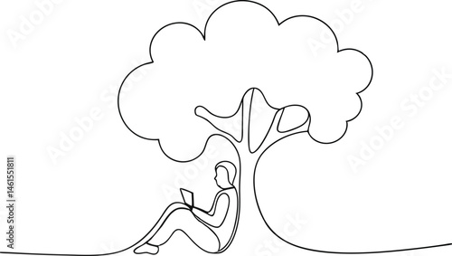 Continuous one line drawing of a person reading under a tree with dream-like branches, poetic and calm minimal composition on white background

