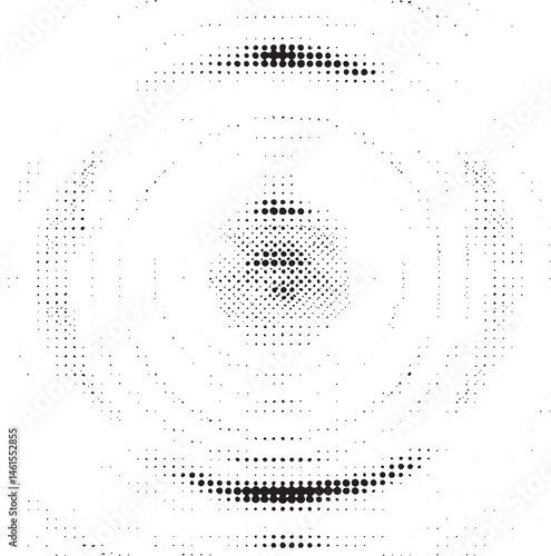 A black and white abstract circle dominates the  featuring a dense network of dots.