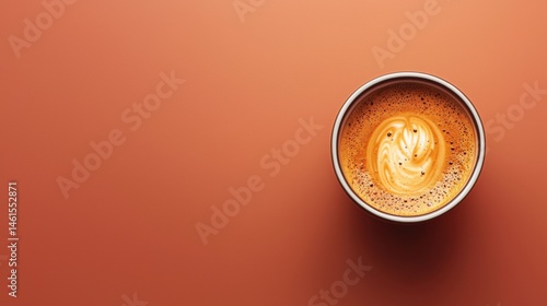 Overhead shot displays a cup of delicious creamy coffee with latte art against a solid orange background enhancing the warm and inviting aesthetic.