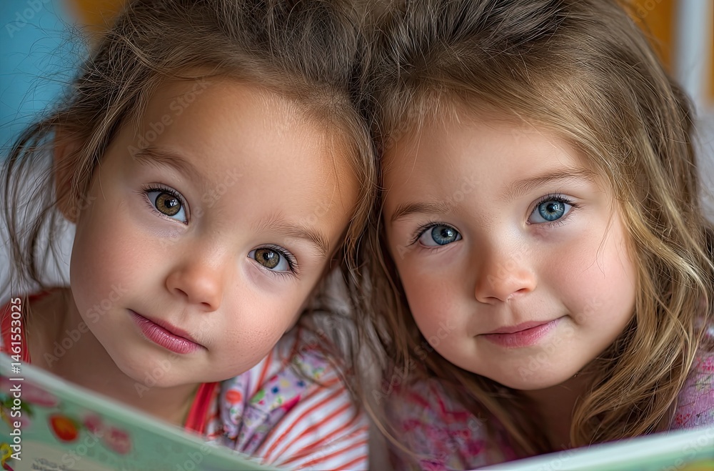 Close-up of two young girls reading a children's book together, in a simple and cute style, with a childlike innocence and charm Close-up of two young girls reading a children's book together, in a simple and cute style, with a childlike innocence and charm