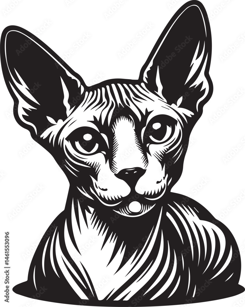 Fototapeta premium Sphynx Cat Vector Black and White Line Art Illustration