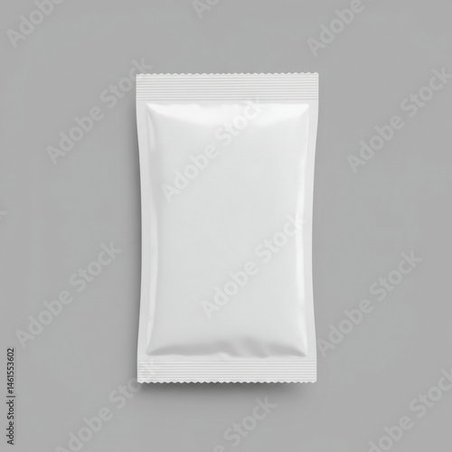 Empty white food pouch mockup on a gray background. A blank, rectangular, white pouch with smooth surface and ribbed edges, resting horizontally.