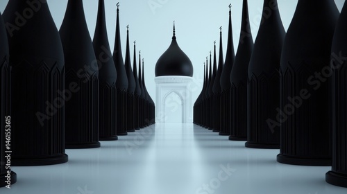 Black minarets line a symmetrical path leading to a white mosque dome in a minimalist 3D render.