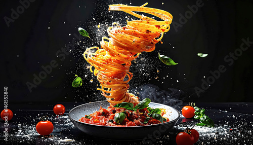 Explosive spaghetti tornado, twirling with tomato sauce, basil, and parmesan on a black plate against a black background