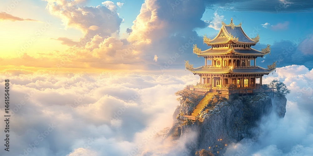Majestic asian temple towering above soft clouds, bathed in ethereal light Majestic asian temple towering above soft clouds, bathed in ethereal light