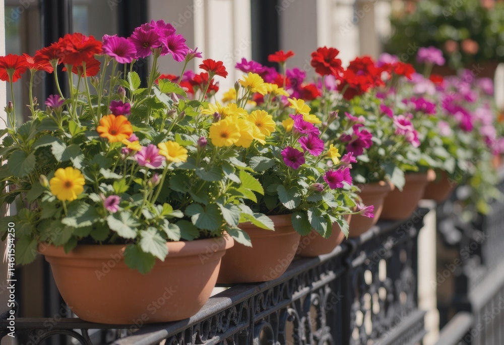 Fototapeta premium Colorful flowers in pots adorning a balcony railing, creating a vibrant atmosphere