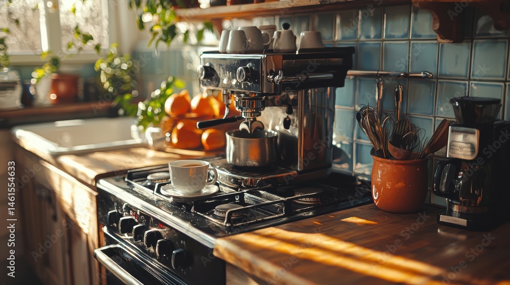 An espresso machine sits on the stovetop in a sunny kitchen with oranges and plants near the window creating a cozy atmosphere. An espresso machine sits on the stovetop in a sunny kitchen with oranges and plants near the window creating a cozy atmosphere.