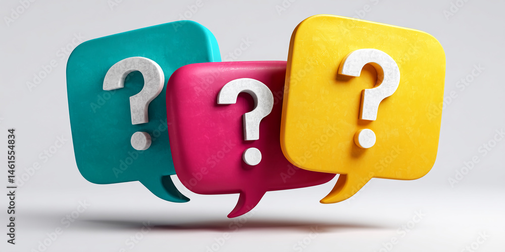 Naklejka premium Three colorful speech bubbles, teal, pink, yellow, feature white question marks, symbolizing inquiry, questions, and answers, ideal for FAQ pages or help sections