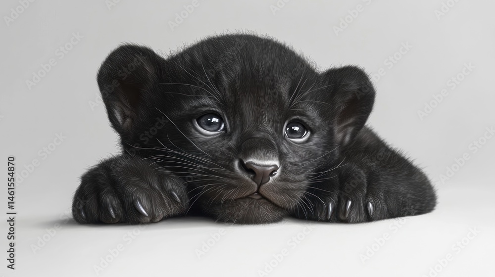 Black panther cub resting, studio shot, grey background, cute animal portrait Black panther cub resting, studio shot, grey background, cute animal portrait