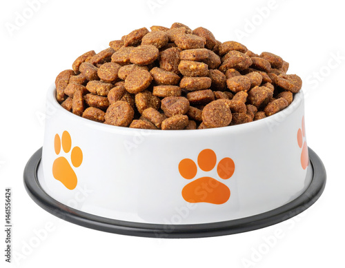 A bowl filled with dry kibble pet food, featuring orange paw prints on the side.