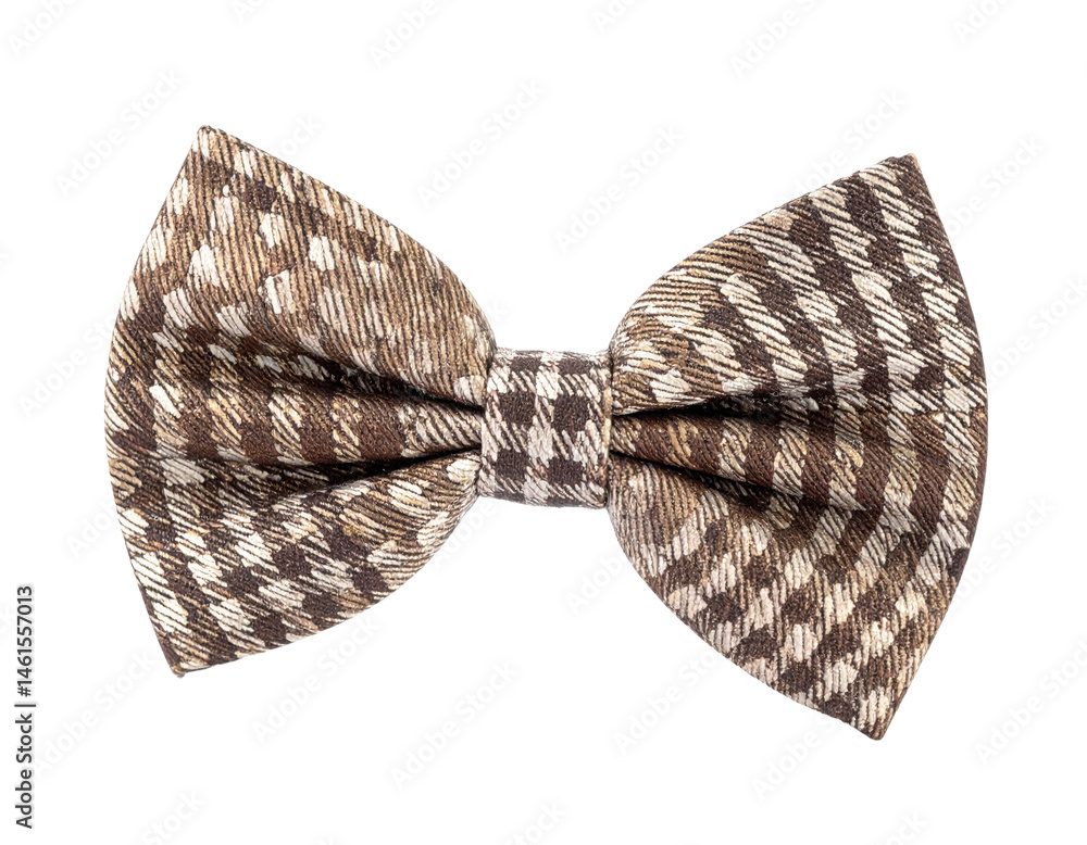 A patterned fabric bow tie with a geometric design and a symmetrical shape. A patterned fabric bow tie with a geometric design and a symmetrical shape.