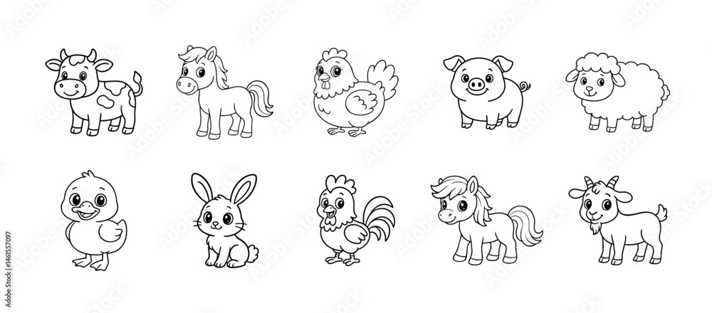 Cute cartoon farm animals black and white set, vector outline drawings of cow, horse, chicken, pig, sheep, duck, rabbit, rooster, pony, and goat Cute cartoon farm animals black and white set, vector outline drawings of cow, horse, chicken, pig, sheep, duck, rabbit, rooster, pony, and goat