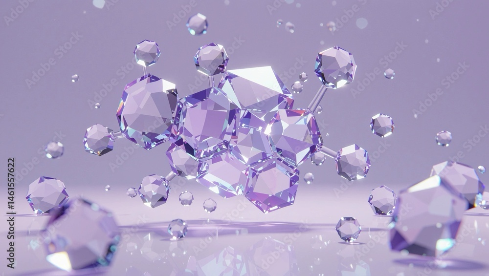 Fototapeta premium Abstract scene of Bakuchiol molecules crystallizing in mid-air, creating a geometric gemstone structure illuminated by gentle lavender light with minimalistic elegance.