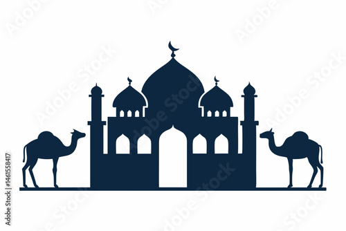 Mosque and Camels  silhouette vector illustration