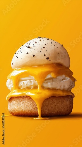 A delicious breakfast sandwich with a poached egg and hollandaise sauce sits against a bright yellow background in a vertical food composition.