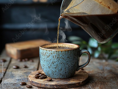 Fresh coffee is carefully poured from a glass carafe into a blue ceramic mug, sitting on a wooden coaster with scattered coffee beans.