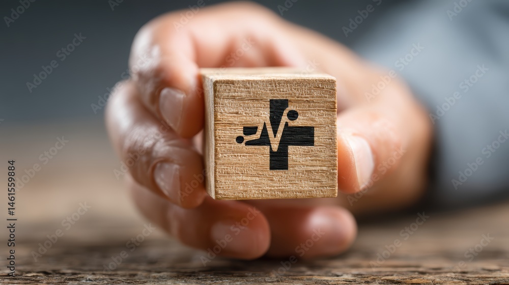 Symbol of health insurance: hand holding wooden cube with healthcare icon, emphasizing medical coverage and wellness Symbol of health insurance: hand holding wooden cube with healthcare icon, emphasizing medical coverage and wellness